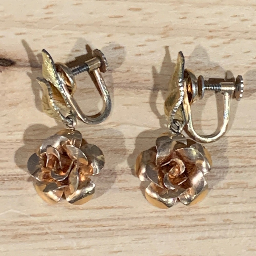 Krementz Rose Earrings Women OS Gold Overlay Screw Back Dangle Vintage Floral